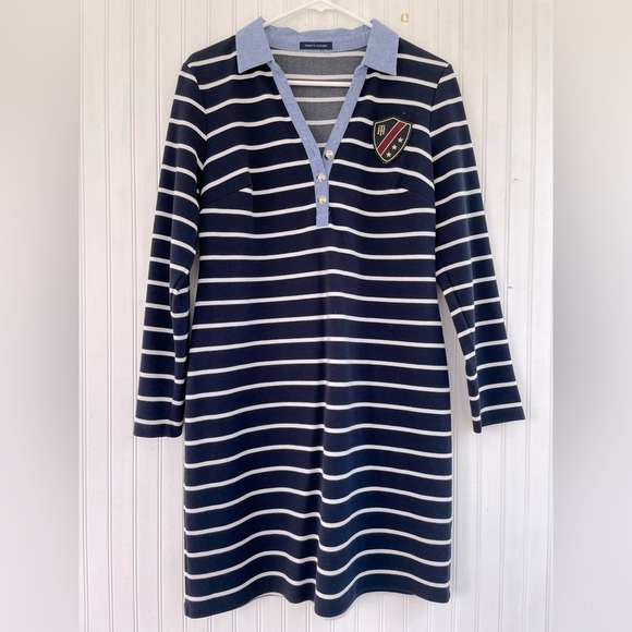 Tommy Hilfiger Navy White Striped Long-sleeve Dress Oxford Collar Size Large - Picture 1 of 8